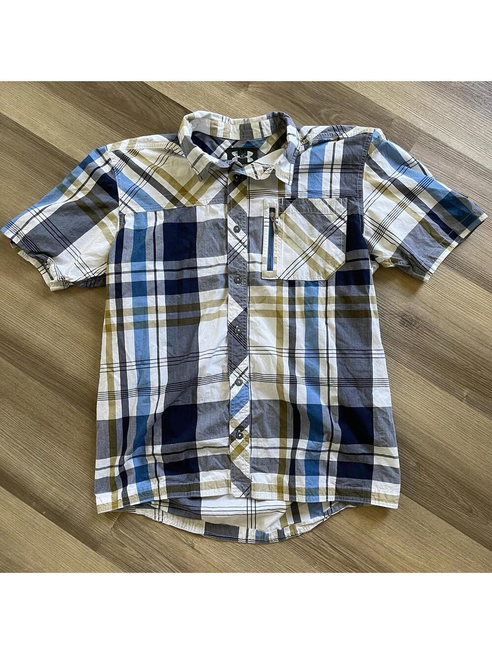 UNDER ARMOR Plaid Button Up Short Sleeve Shirt Blue Green y2k Men's Large
